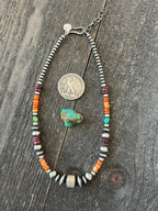 Navajo Electric Rainbow Sterling Silver, Turquoise and Spiny Oyster Single Strand Beaded Necklace by Rose Martin, 16 + 2 Inches