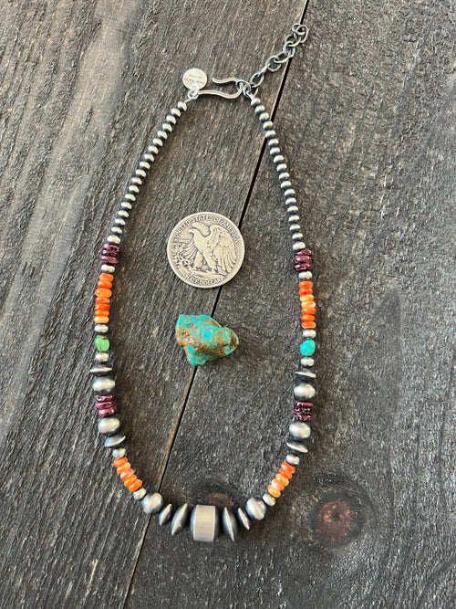 Navajo Electric Rainbow Sterling Silver, Turquoise and Spiny Oyster Single Strand Beaded Necklace by Rose Martin, 16 + 2 Inches
