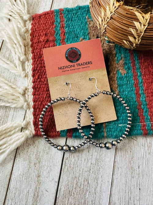 Navajo Sterling Silver Pearl Beaded Dangle Hoop Earrings