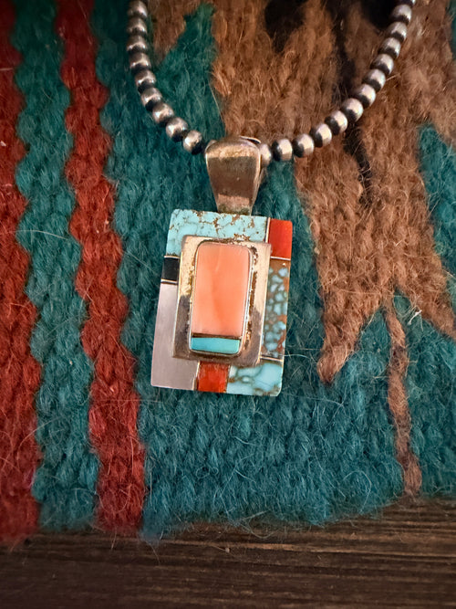 Old Pawn Handcrafted Multi Stone & Sterling Silver Inlay Pendant
