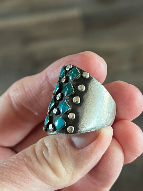 Old Pawn Sterling Silver and Diamond Turquoise Snake Eye Cigar Band Style Ring, Size 10.5