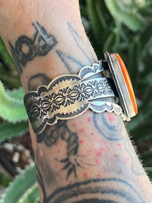 Navajo Sterling Silver and Orange Spiny Oyster Shell Heart Cuff Bracelet by Murphy Platero