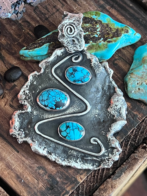 Vintage Artisan Sterling Silver and Turquoise Brutalist Style Pendant Signed Sandee Kelly