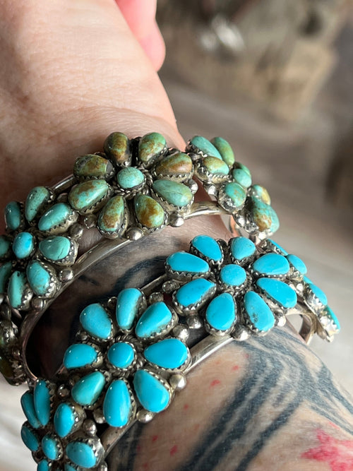 Old Pawn Navajo Sterling Silver and Mixed Turquoise Daisy Cluster Cuff Bracelet, Signed MA