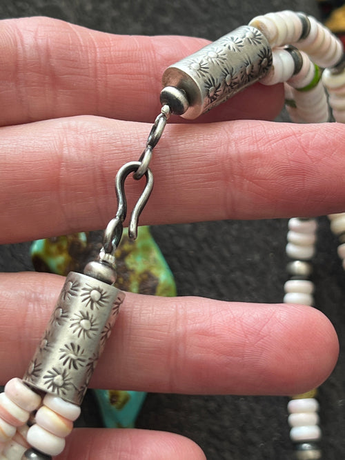 Navajo Sonoran Gold Turquoise, Sterling Silver and Pink Conch Cluster Pendant w/ Beaded Multistrand Necklace by Patrick Yazzie