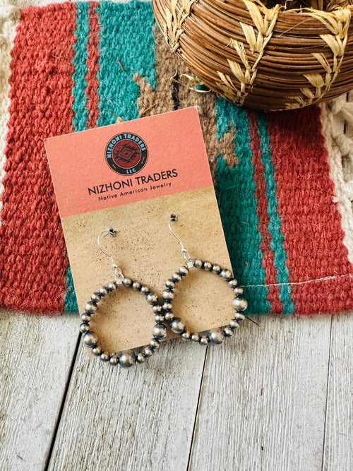 Navajo Sterling Silver Pearl Beaded Dangle Hoop Earrings