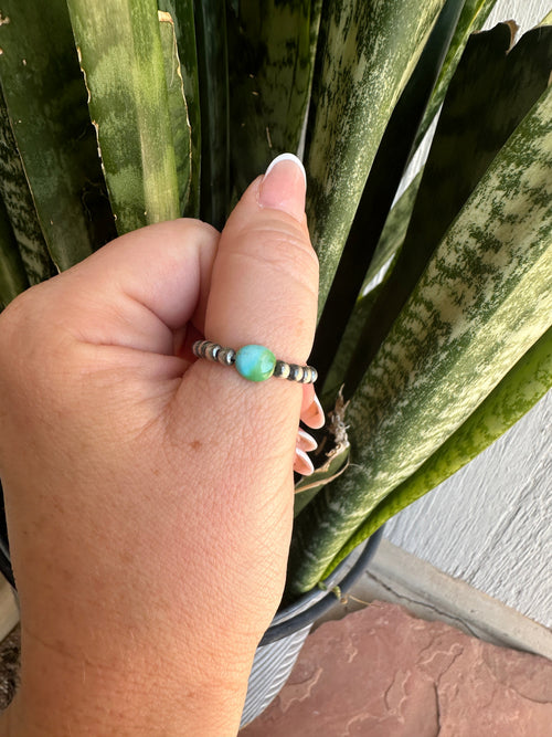 THE VENICE BAND Handmade Sterling Silver Navajo Pearl Style Sonoran Mountain Turquoise Beaded Stretch Ring