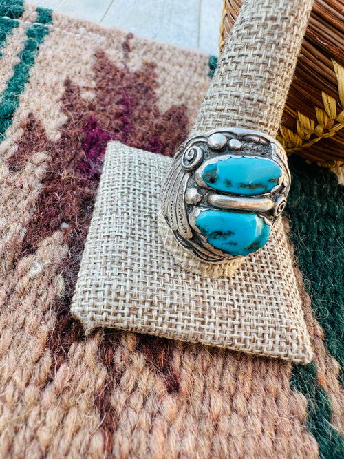 Old Pawn Handcrafted Turquoise & Sterling Silver Ring Size 12