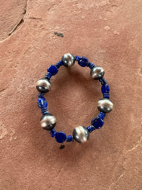 Handmade Lapis & Sterling Silver Beaded Stretch Bracelet