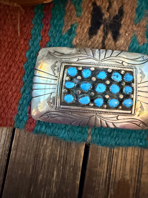 Handcrafted Vintage Old Pawn Sterling Silver & Turquoise Belt Buckle