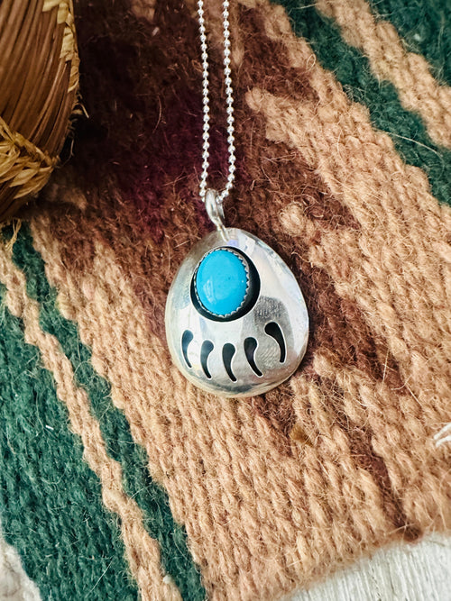 Old Pawn Navajo Turquoise & Sterling Silver Bear Paw Pendant