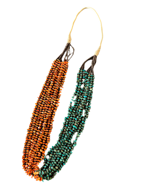 Gorgeous Santo Domingo Made Eight Strand Spiny Oyster and Turquoise Beaded Squaw Wrap Necklace by Daniel Coriz