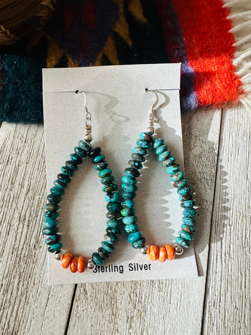 Navajo Turquoise, Spiny & Sterling Silver Beaded Hoop Earrings