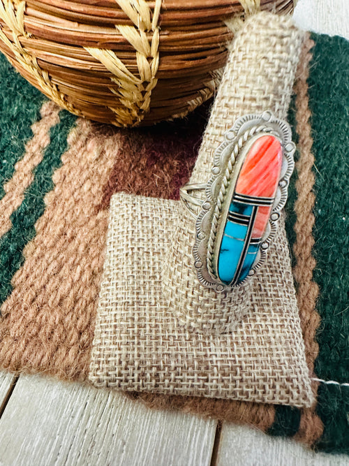 Old Pawn Handcrafted Multi Stone & Sterling Silver Inlay Ring Size 8.5