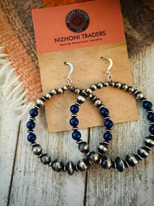 Navajo Lapis & Sterling Silver Pearl Beaded Dangle Hoop Earrings