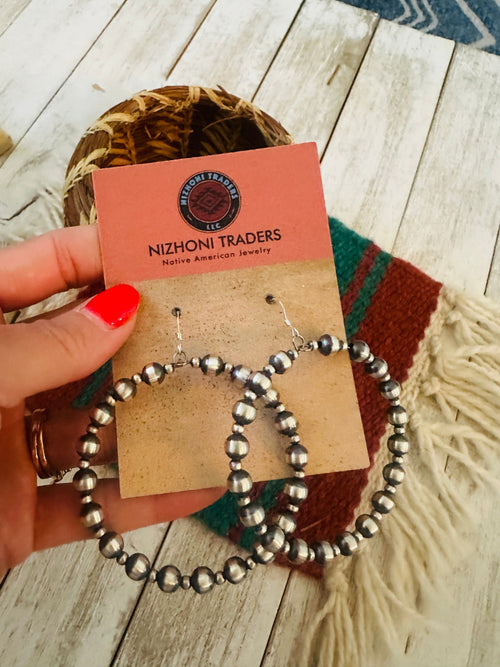 Navajo Sterling Silver Pearl Beaded Dangle Hoop Earrings