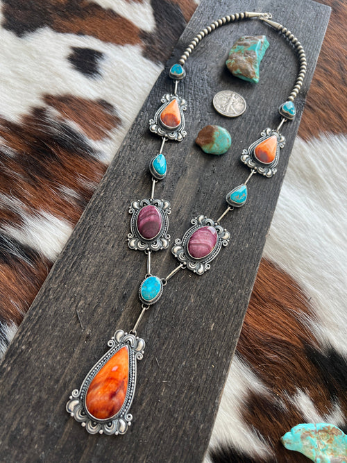 Navajo Sterling Silver, Spiny Oyster and Turquoise Link and Bead Necklace and Earrings Set by Derrick Gordon