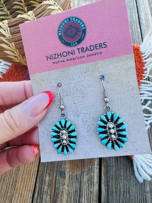 Handcrafted Old Pawn Sterling Silver & Turquoise Cluster Dangle Earrings