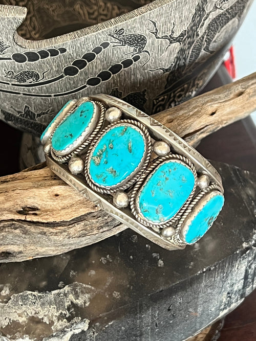 Old Pawn Navajo Sterling Silver and Natural Sleeping Beauty Turquoise Cuff Bracelet, Signed D