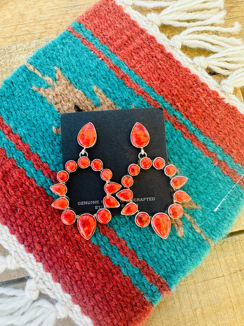 Navajo Sterling Silver Apple Coral Dangle Earrings