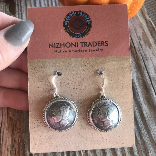 Handcrafted Kee- J Sterling Silver Turquoise Liberty Coin Dangle Earrings