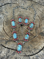 Handcrafted Sterling Kingman Turquoise Natural Red Coral Necklace Set Taos Collection