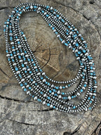 Navajo Turquoise Stone & Sterling Silver Beaded Necklace 15 Feet 3 Inches