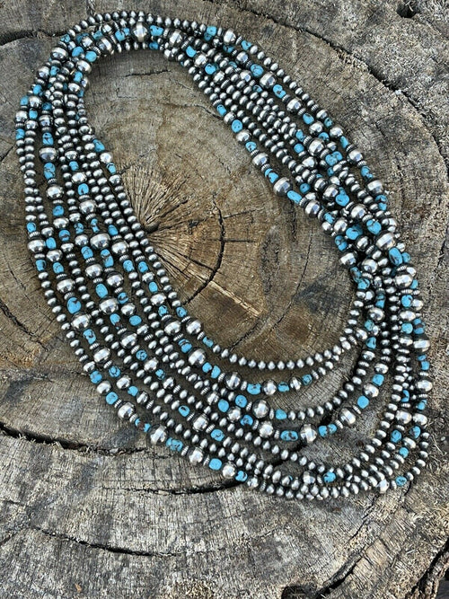 Navajo Turquoise Stone & Sterling Silver Beaded Necklace 15 Feet 3 Inches