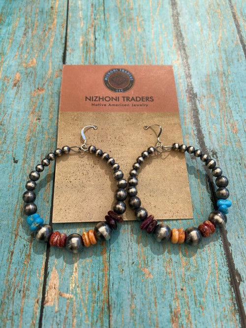 Navajo Sterling Silver Multi Stone Beaded Dangle Hoop Earrings