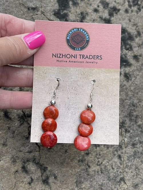 Navajo Sterling Silver Apple Coral 3 Bead Dangle Earrings