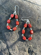 Navajo Sterling Silver Apple Coral Loop Beaded Dangle Earrings