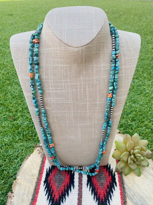 Navajo Turquoise, Spiny & Sterling Silver Beaded 60 Inch Necklace