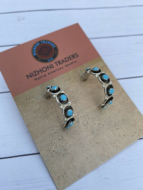 Zuni Sterling Silver & Turquoise Hoop Earrings