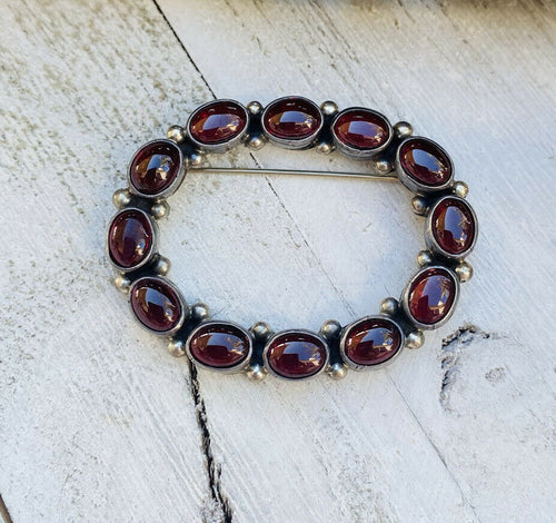 Vintage Navajo Garnet  Sterling Silver Brooch Signed