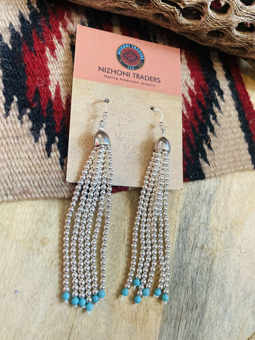 Navajo Turquoise & Sterling Silver Beaded Tassel Dangle Earrings