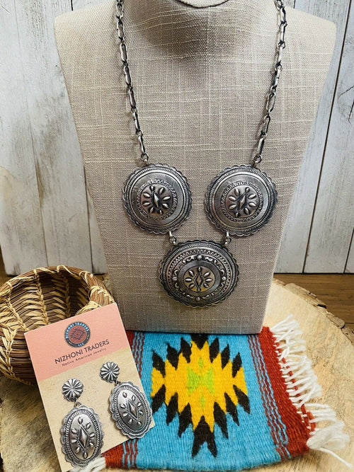 Handcrafted & Hand Stamped Sterling Silver Necklace & Earring Set By Eugene Charley