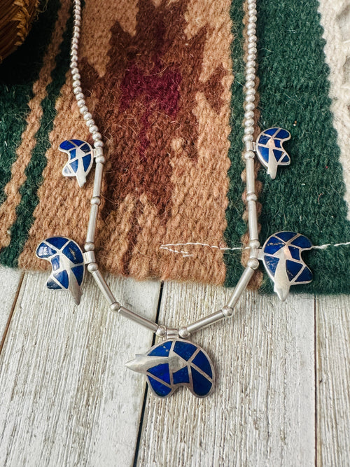 Vintage Old Pawn Navajo Sterling Silver & Lapis Fetish Bear Inlay Necklace