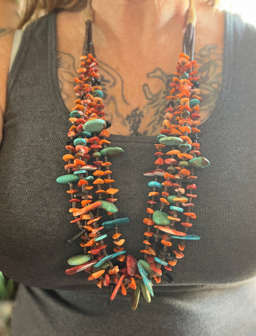 Gorgeous Santo Domingo Made Five Strand Spiny Oyster and Turquoise Beaded Squaw Wrap Necklace with Tabs by Daniel Coriz
