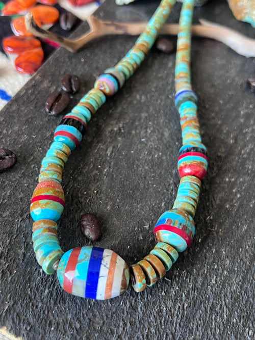 Ronald Chavez Handcrafted Turquoise Heishi Beaded Santo Domingo Necklace with Layered Bead Accents