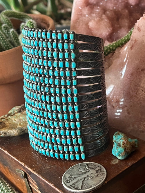 Stunning Old Pawn 15 Row Zuni Sterling Silver & Turquoise Gauntlet Style Cuff Bracelet by Clark Couyancy
