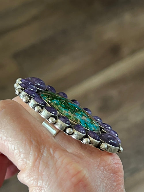 Navajo Sterling Silver, Sonoran Turquoise and Charoite Cluster Ring by Tyler Brown: Adjustable
