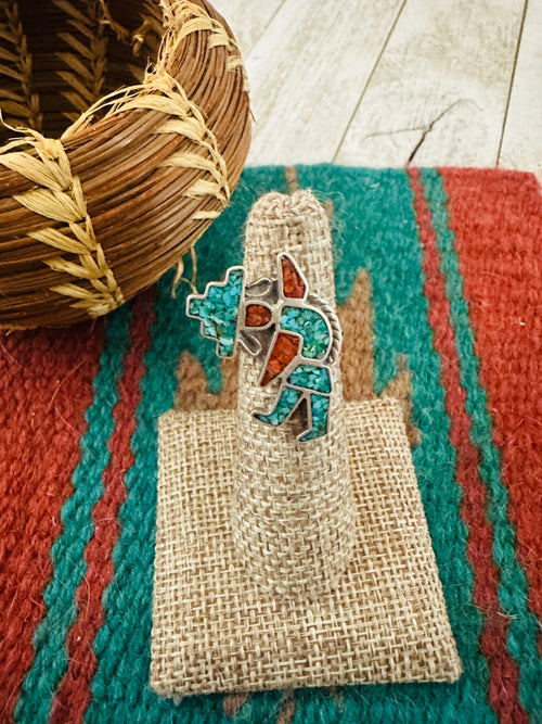 Old Pawn Navajo Sterling Silver, Turquoise & Coral Inlay Kachina Ring Size 5