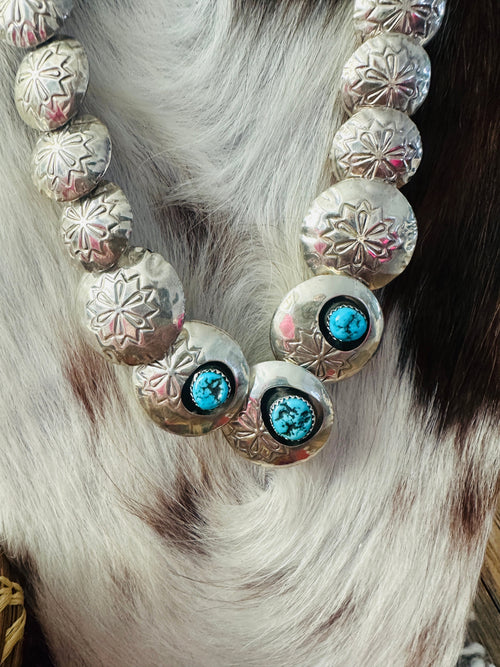 Old Pawn Handcrafted Turquoise, Coral & Sterling Silver Pillow Bead Reversible Necklace