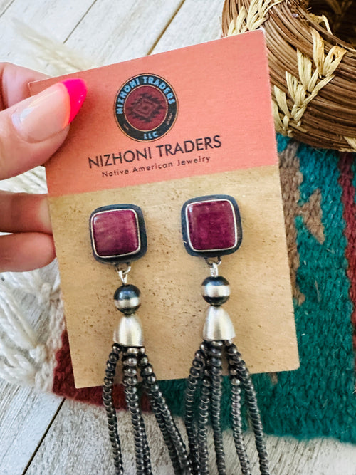 Navajo Purple Spiny & Sterling Silver Pearl Beaded Tassel Dangle Earrings by Emerson Thompson