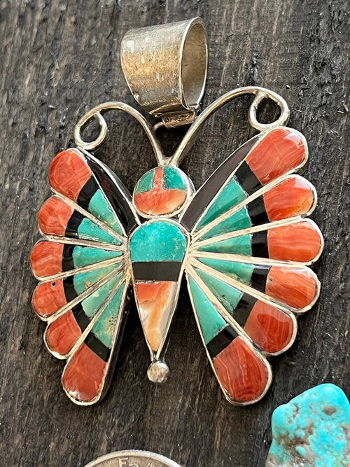 Vintage Zuni Sterling Silver, Turquoise, Spiny Oyster Shell and Jet Inlay Butterfly Pendant by Sara Edaakie