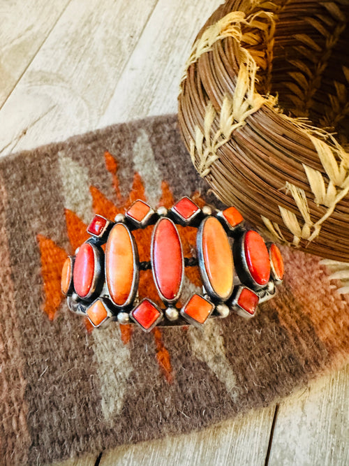 Navajo Sterling Silver & Orange Spiny Cuff Bracelet by Diane Wylie