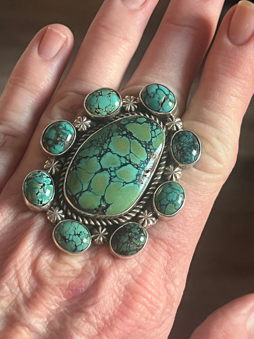 Apache Sterling Silver and Hubei Turquoise Cluster Ring by Rosella Paxson, Size 8.5