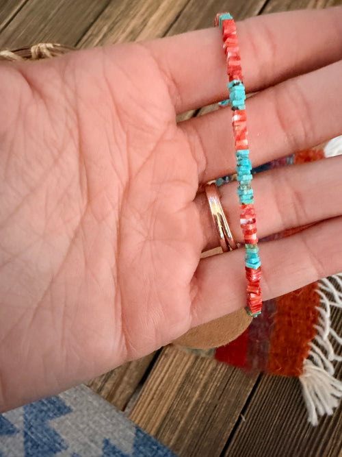 Handcrafted Turquoise, Spiny Oyster & Sterling Silver Beaded Bracelet