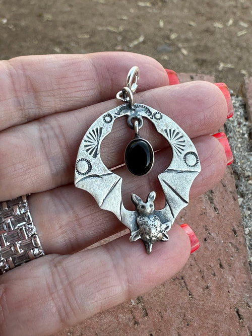 Halloween Collection Sterling Silver & Onyx Skull Bat Charm