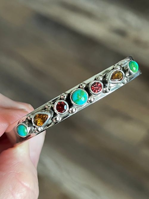 Navajo Made Sterling Silver Gems & Jewels Stacker Cuffs Bracelet by Lucy Jake, Narrow